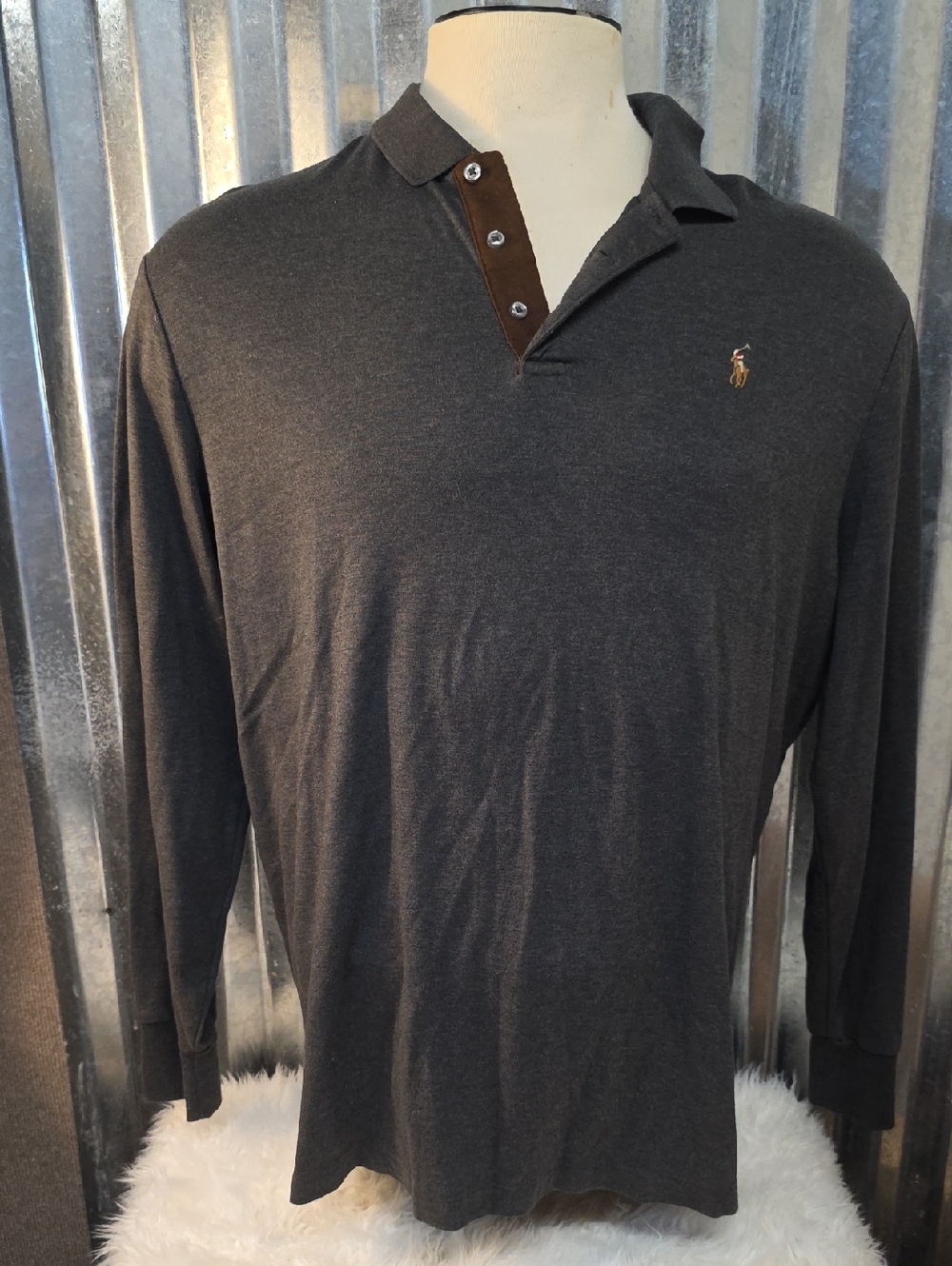 Ralph Lauren Long-Sleeve Polo Shirt - Charcoal with Brown Trim